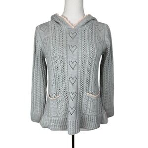 Secret Honey Women Cotton Blend Sweater S/M Grey Heart Pointelle Crochet Hoodie